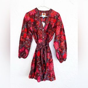 Farm Rio Red Floral Button Down Flare Mini Dress Balloon Sleeves Petite